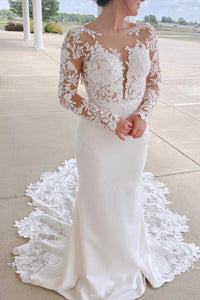 Elegant Mermaid Scoop Neck Elastic Satin Wedding Dresses with Appliques VK23060905