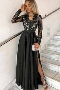 Long Sleeves V Neck Black Lace Long Prom Dresses with High Slit, Long Sleeve Black Lace Formal Graduation Evening Dresses VK0801004