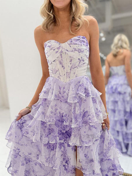 Whimsical Lilac Floral Tiered Ruffle Prom Dress with Slit VK26031516