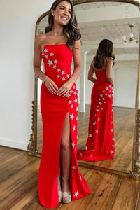 Charming Mermaid Strapless Red Satin Long Prom Dresses with Slit VK23012701