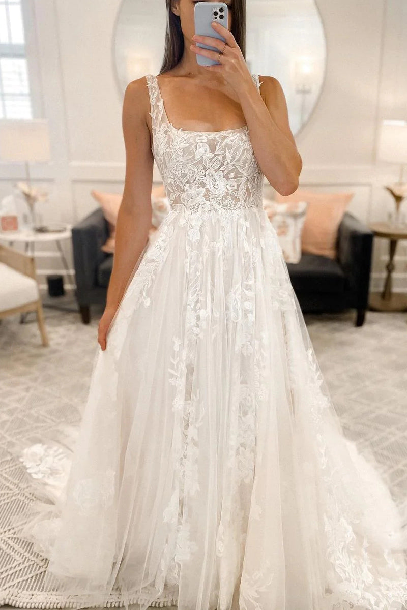 Fairy A Line Square Neck Tulle Wedding Dresses with Lace VK120608