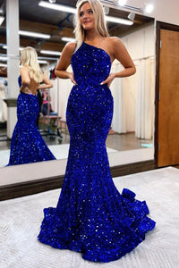 Charming Mermaid One Shoulder Royal Blue Sequins Long Prom Dresses VK112904