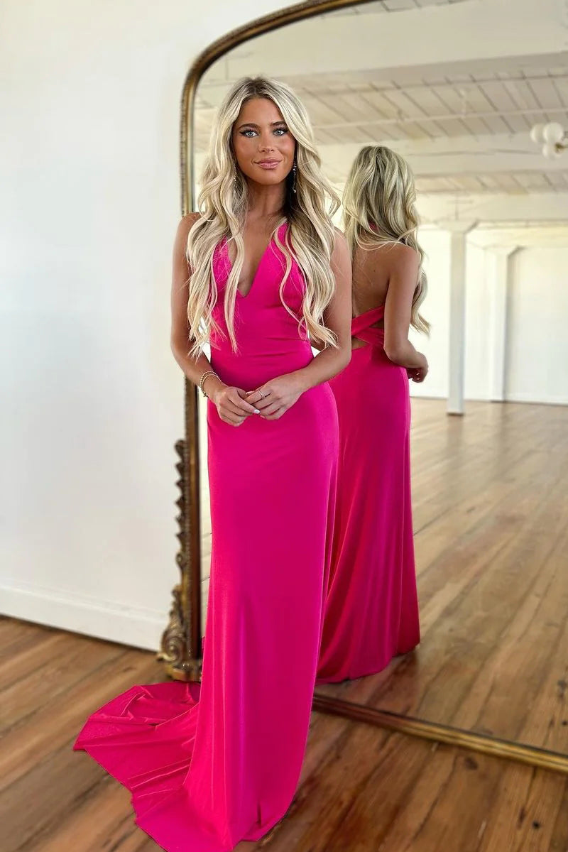 Elegant Mermaid V Neck Elastic Satin Long Prom Dresses VK23011804