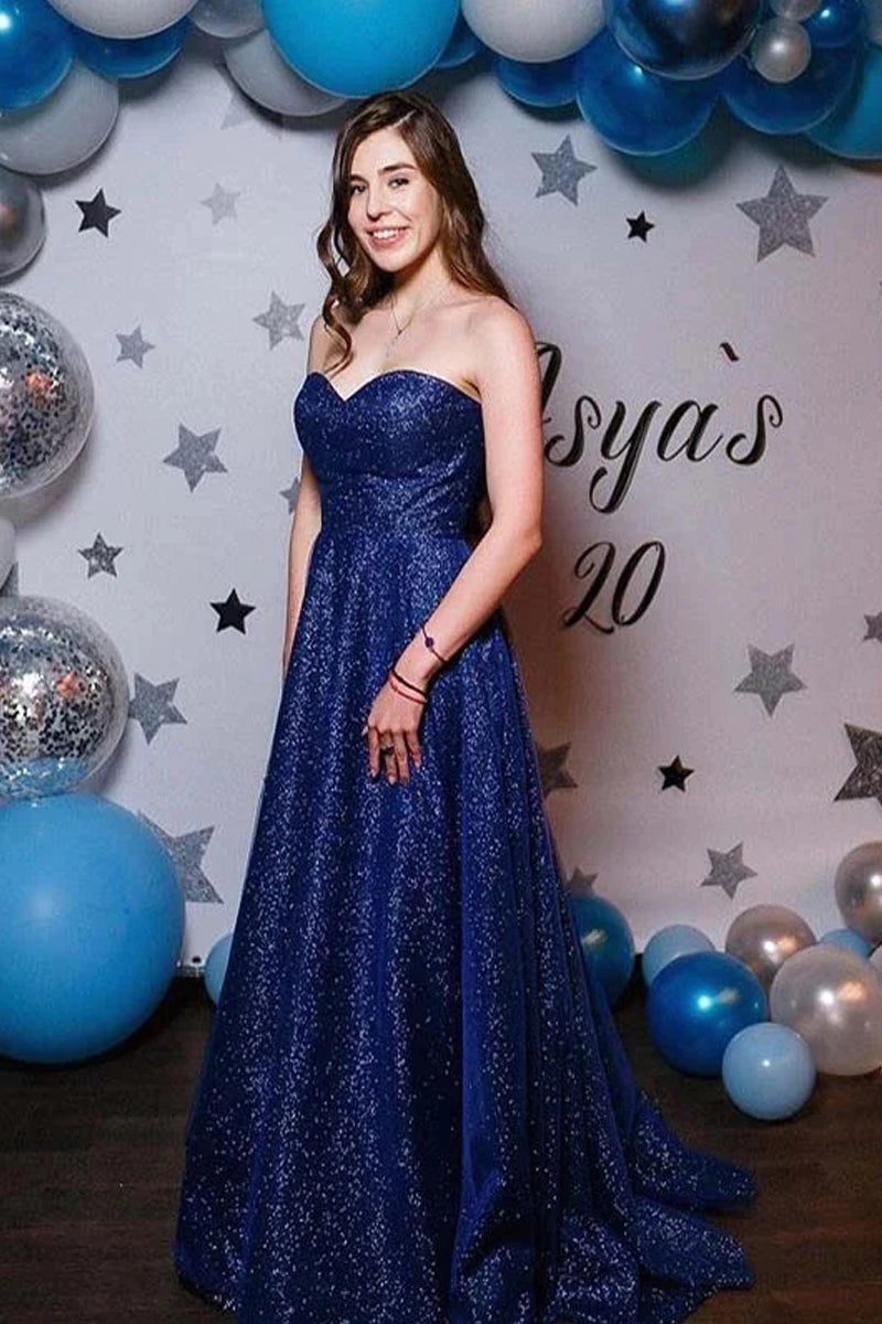 Glitter A-Line Sweetheart Royal Blue Sequins Long Prom Evening Dresses,Sparkly Formal Party Dresses VK0422006