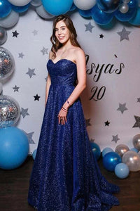 Glitter A-Line Sweetheart Royal Blue Sequins Long Prom Evening Dresses,Sparkly Formal Party Dresses VK0422006