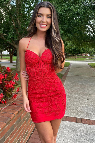 Cute Bodycon Sweetheart Red Lace Homecoming Dresses VK112802