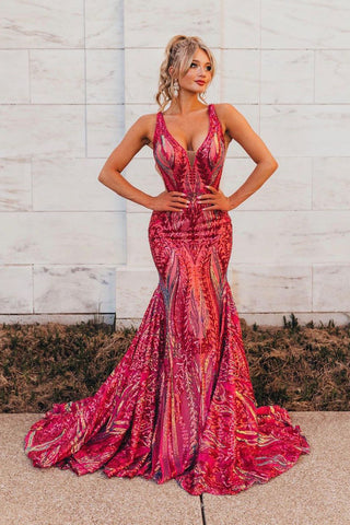 Mermaid V Neck Fuchsia Sequins Long Prom Dresses VK24041702