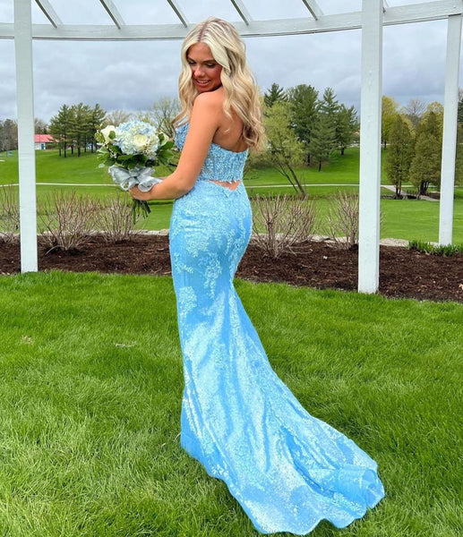 Cute Mermaid Sweetheart Light Blue Sequins Long Prom Dresses with Appliques VK23051908