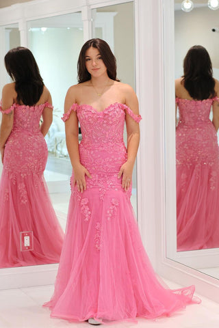 Pink Mermaid Off the Shoulder Tulle Long Prom Dress with Appliques VK23120703
