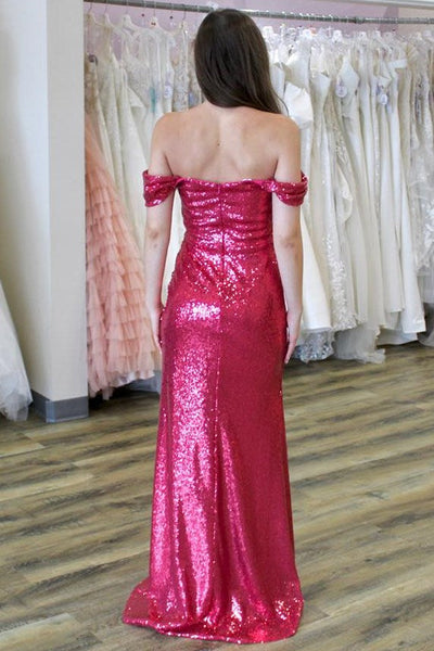 Pink Sequin Off-the-Shoulder Ruching Long Gown with Slit VK23102804
