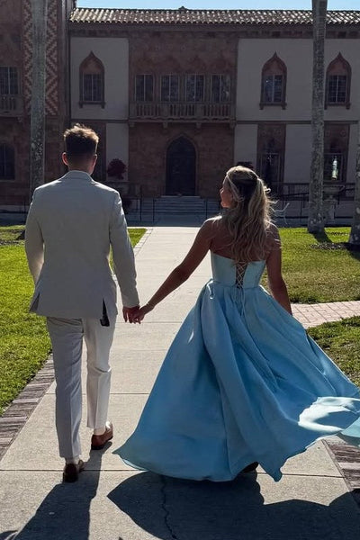 Elegant A-Line Strapless Blue Satin Long Prom Dresses with Slit VK26011502