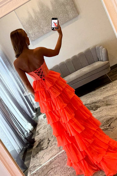 Gorgeous A Line Scoop Neck Orange Chiffon Tiered Prom Dress with Slit VK102706