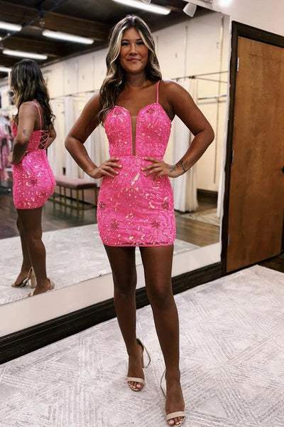 Hot Pink Spaghetti Straps Sequin Lace Tight Short Homecoming Dress VK23090302