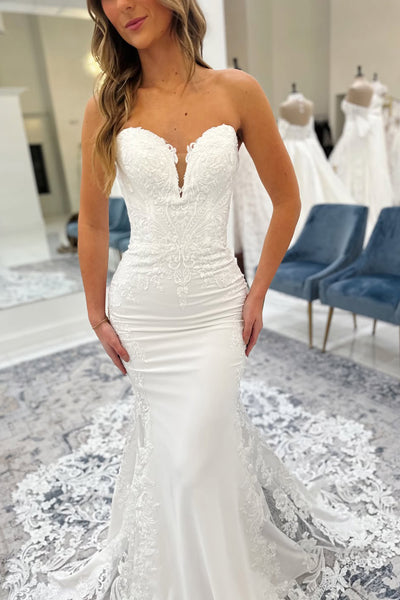 Charming Mermaid V Neck Satin Wedding Dress with Appliques VK25121801