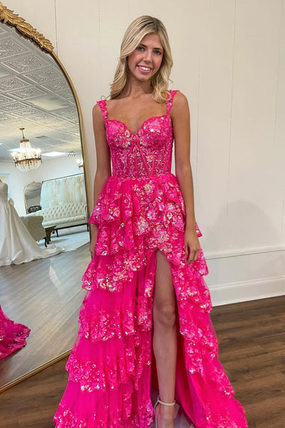 Hot Pink Floral Straps Layers Sequined Long Prom Dress with Slit VK23112702
