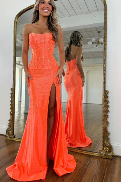 Gorgeous Mermaid Strapless Orange Hot Fix Satin Prom Dress with Slit VK25122805