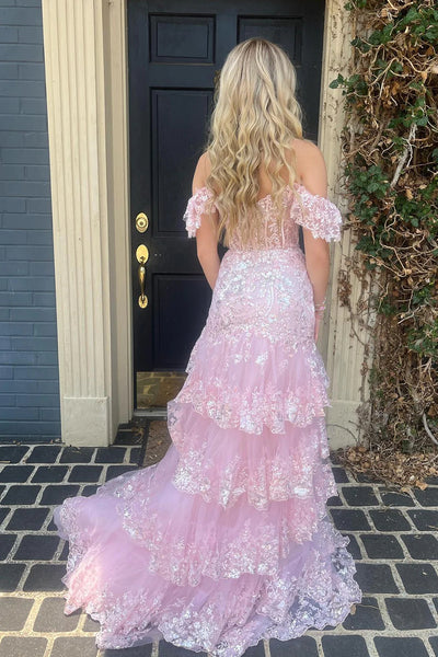 Pink A-Line Off the Shoulder Sparkly Tulle Long Prom Dresses with Slit VK23091010