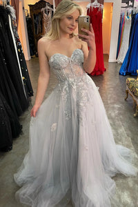 Grey Strapless Appliques A-line Tulle Long Prom Dress VK23103003