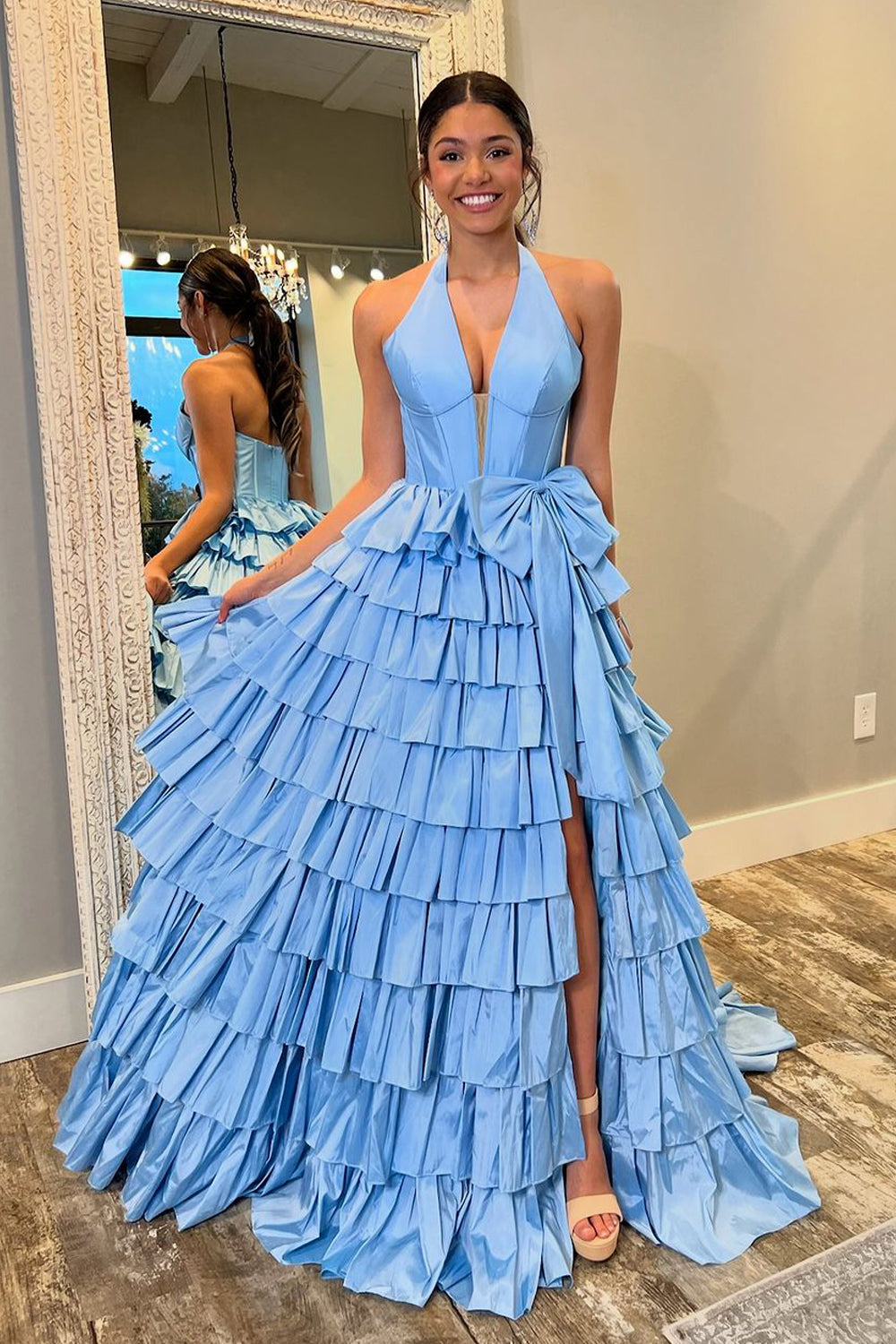 Cute Ball Gown V Neck Blue Tiered Taffeta Slit Prom Dress with Bow