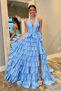 Cute Ball Gown V Neck Blue Tiered Taffeta Slit Prom Dress with Bow