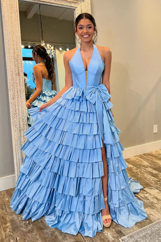 Cute Ball Gown V Neck Blue Tiered Taffeta Slit Prom Dress with Bow