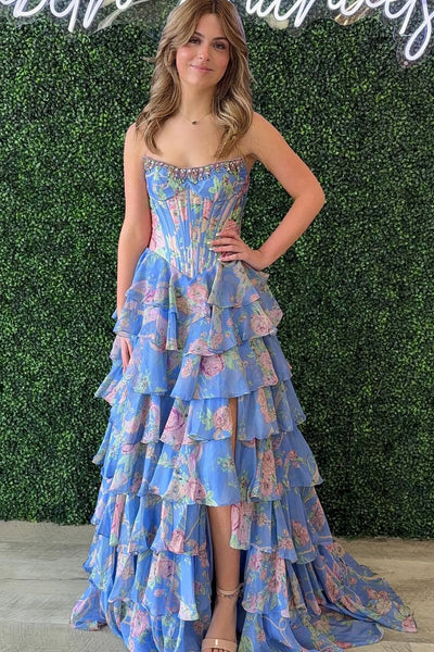 Cute A Line Strapless Blue Floral Satin Prom Dress with Beading
