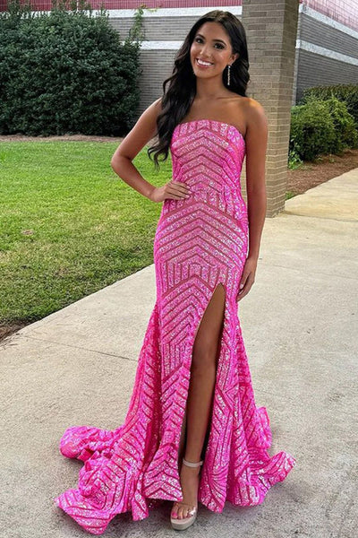 Mermaid Strapless Pink Sequins Long Prom Dress with Slit VK26030801