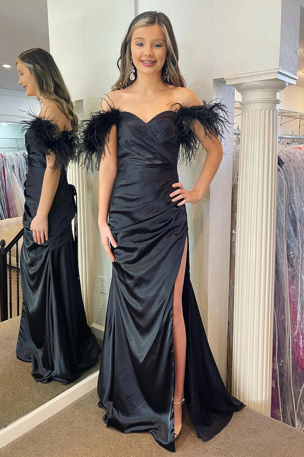 Simple Mermaid Black Long Prom Dress with Feathers VK23101405