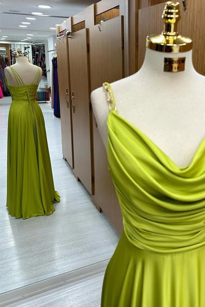 Olive Green Cowl Neck Chain Strap A-Line Long Prom Dress VK23120806