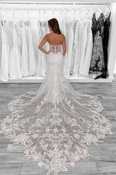 Fairy Mermaid V Neck Lace Wedding Dresses with Train VK24102802