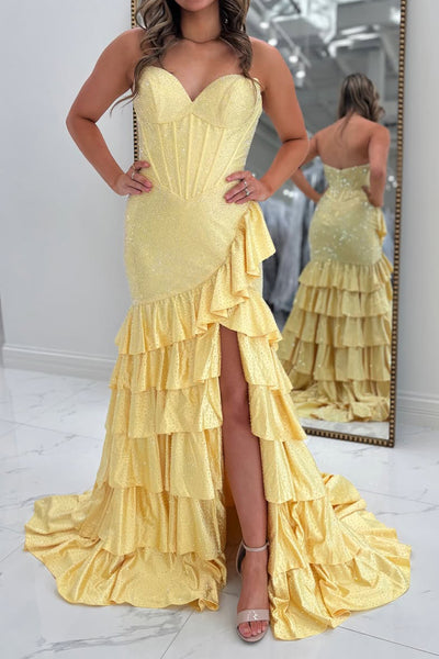 Mermaid Sweetheart Yellow Ruffle Tiered Beads Prom Dresses with Slit VK26012601