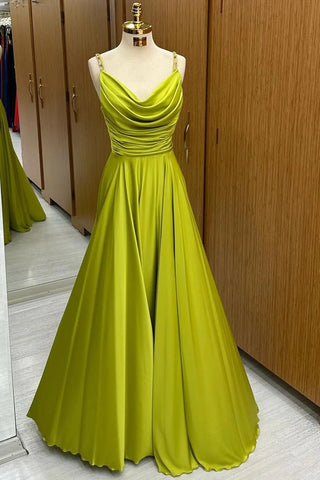 Olive Green Cowl Neck Chain Strap A-Line Long Prom Dress VK23120806