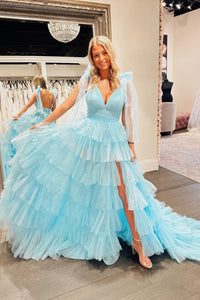 Cute A-Line V Neck Blue Tiered Tulle Long Prom Dresses with Slit VK24021403
