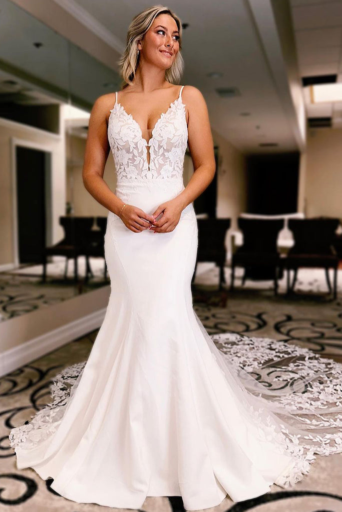 Mermaid Deep V Neck White Lace Wedding Dress with Sweep Train VK23090101 –  Vickidress