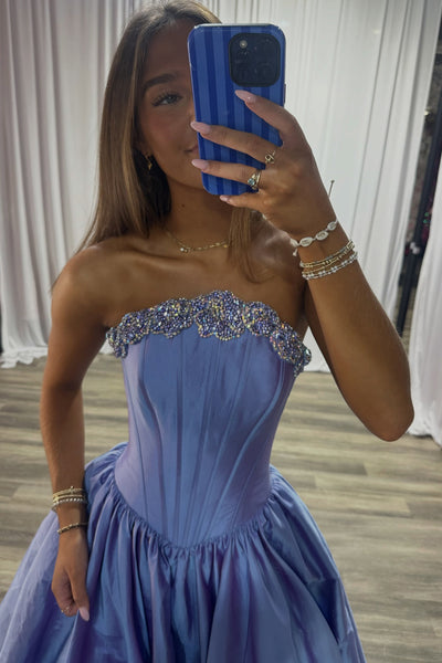 A-Line Strapless Blue Satin Long Prom Dresses with Beading VK26102601