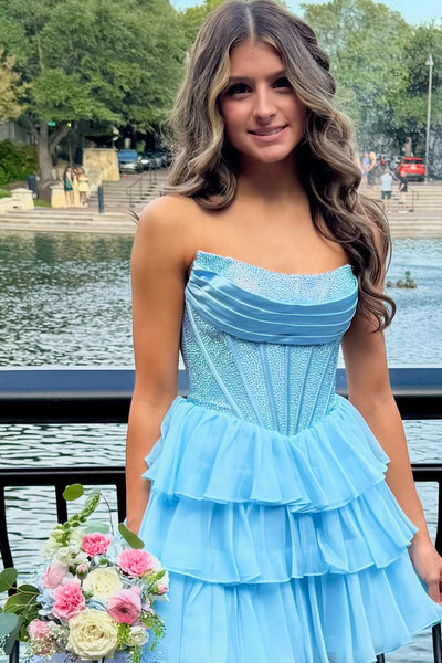 Light Blue Beaded Ruffle Tiered Short Homecoming Dresses VK25092408