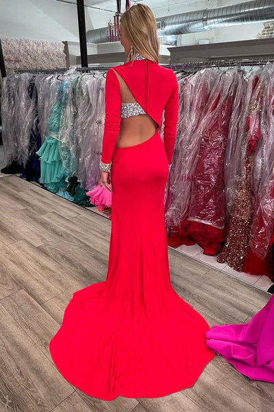 Mermaid High Neck Long Sleeve Red Cutout Prom Dresses with Beading VK23120102