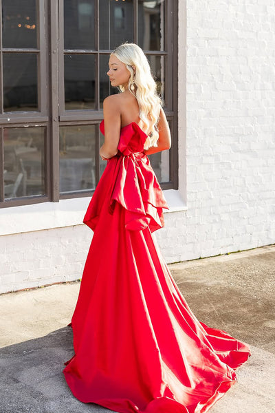 Mermaid Strapless Red Satin Long Prom Dresses with Bowknot VK25031105