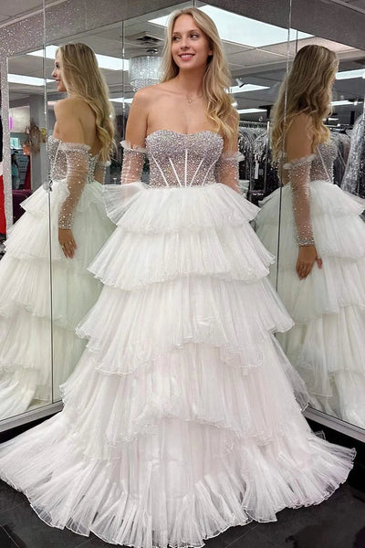 Strapless White Beaded Top Ruffled Long Prom Dress VK23120602