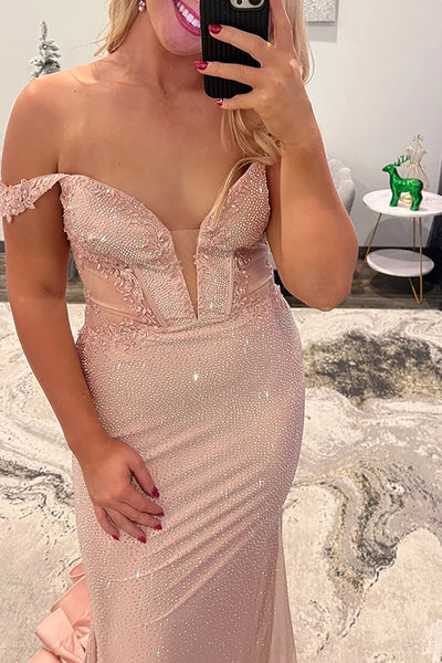 Charming Mermaid Off the Shoulder Blush Satin Beads Long Prom Dress with Appliques VK26010501