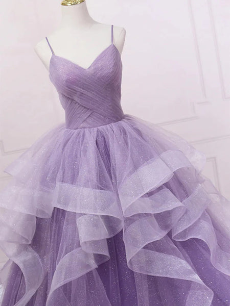 Sparkly Ball Gown V Neck Lavender Tulle Long Prom Dresses VK23050404