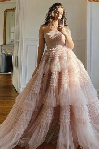 Princess A Line Off the Shoulder Light Pink Corset Prom Dress with Ruffles VK23101010