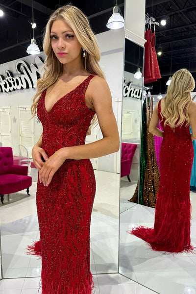 Mermaid V Neck Dark Red Sequins Long Prom Dresses with Feather VK24022802