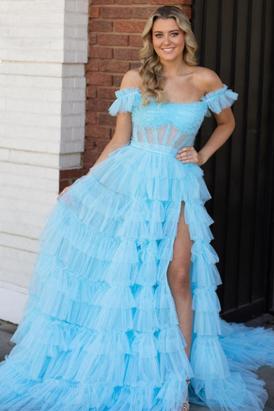 Off the Shoulder Ruffle Red Layered Tulle Prom Dress with Slit VK23113001