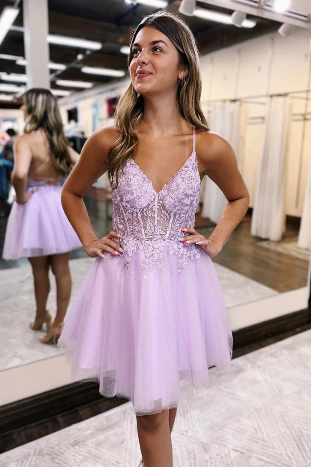 Glitter Lilac Corset A-Line Tulle Short Homecoming Dress with Lace VK23072901