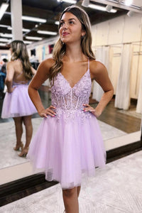 Glitter Lilac Corset A-Line Tulle Short Homecoming Dress with Lace VK23072901