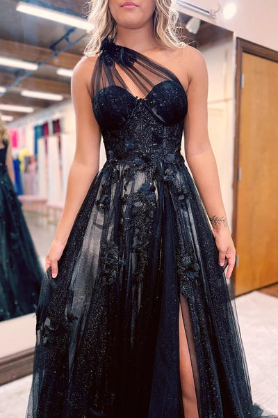 A Line One Shoulder Black Long Prom Dress with Appliques VK23101908