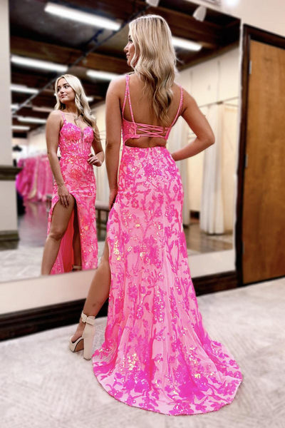 Pink Sweetheart Sequins Lace Mermaid Prom Dresses with Slit VK24031802