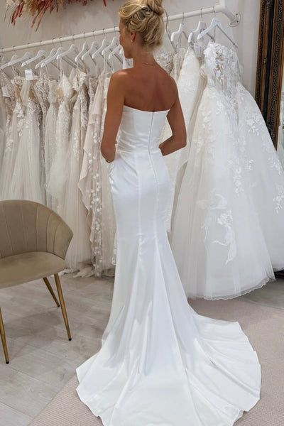 Sheath Scoop Neck Silk Satin Wedding Dress with Slit VK25112405
