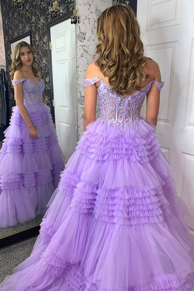 Lilac Off the Shoulder Tiered Tulle Long Prom Dresses with Appliques VK23121306